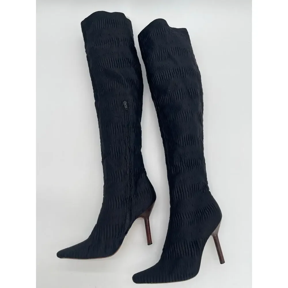 Gucci F/W 1999 Tom Ford Era Black Ruched Textured OTK Stiletto Boots IT 37.5